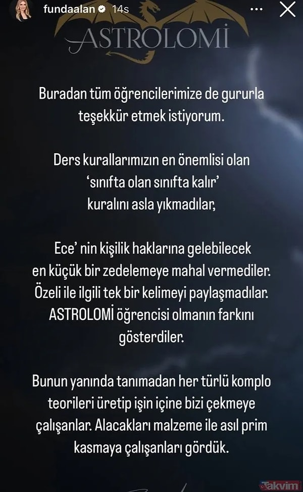 Diğer eğitmen Funda Alan ise komplo teorilerine yer vermemek adına olay hakkında suskunluğunu bozmayan diğer öğrencilere teşekkür etti.