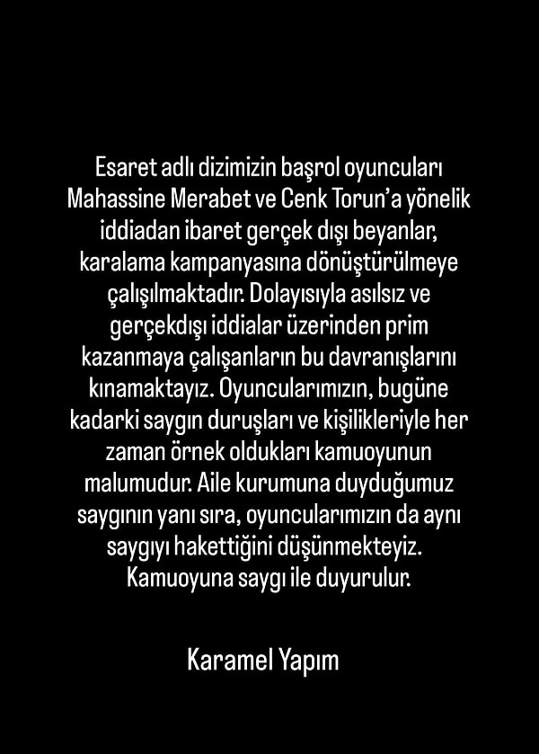 İddialara Cenk Torun'un ardından Esaret dizisinin yapım şirketi Karamel Yapım'dan da bir açıklama geldi.