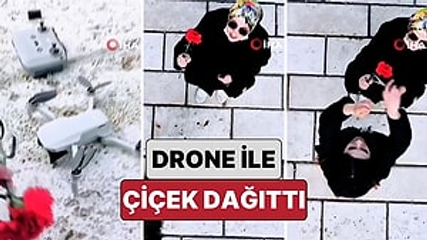 Tokat'ta profesyonel drone pilotu, drone ile kadınlara çiçek dağıttı.