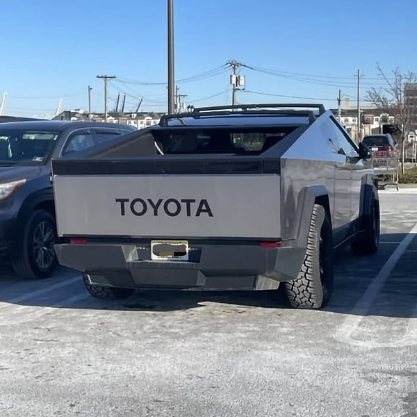 For instance, one image depicts what appears to be a Tesla Cybertruck with its back replaced by a Toyota logo.