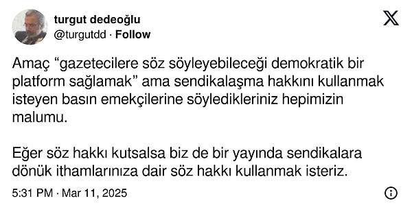 DİSK Basın-İş Sendikası Genel Başkanı Gazeteci Turgut Dedeoğlu👇