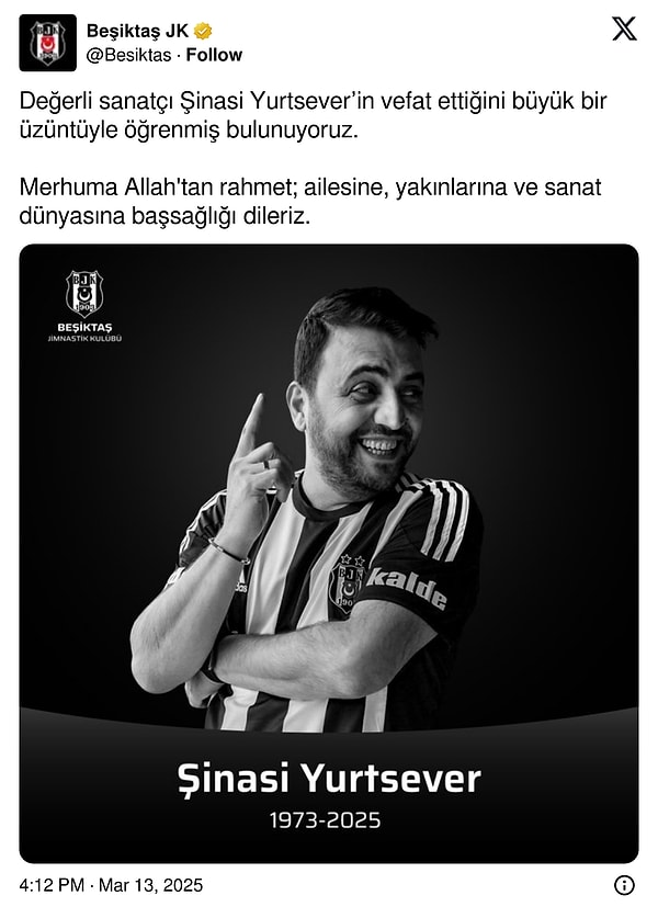 Beşiktaş Kulübü, taziye mesajı yayınlandı.