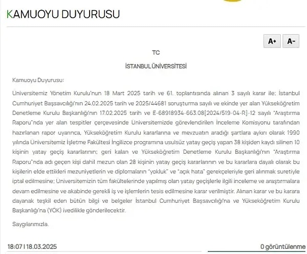 Sonrasında İstanbul Üniversitesi'nin kamuoyu duyurusu, büyük bir tepkiyle karşılanmıştı.