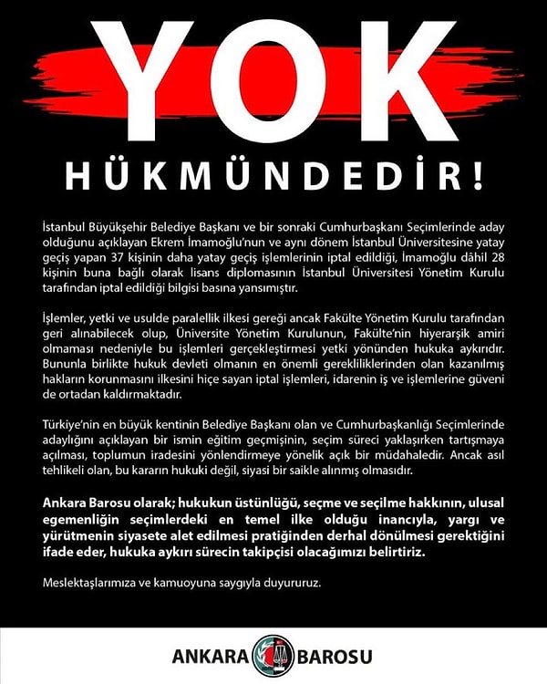 Kararın ardından Ankara Barosu'ndan "Yok Hükmündedir" başlığıyla bir metin yayımlandı.