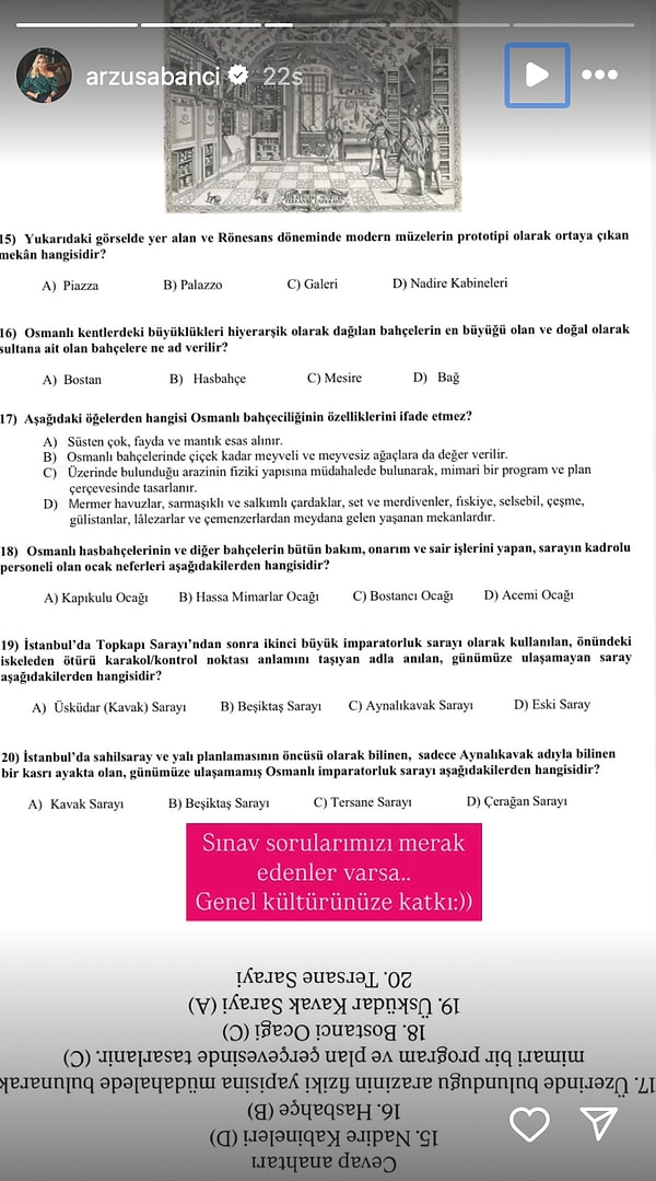 Sanat Tarihi dersi alan Arzu Sabancı, sertifikasına kavuşmasının ardından sınav sorularını da takipçileriyle paylaştı.