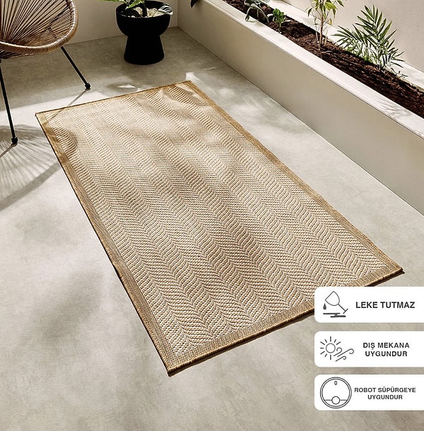 11. Ocean Home Textile Leke Tutmaz İç Dış Mekan Bej Renk Balıksırtı Halı Kilim