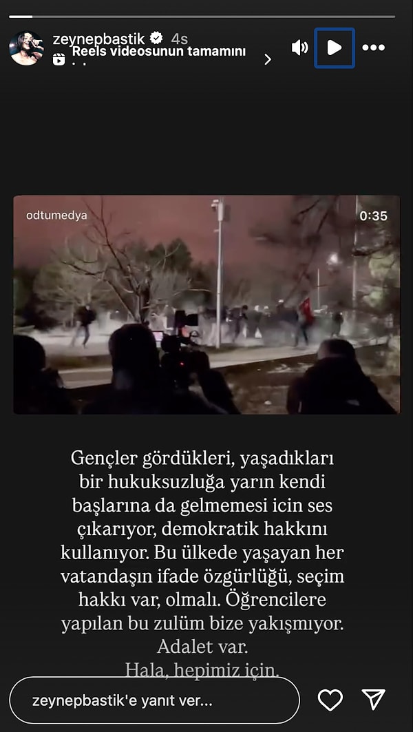 Alanda sıkışan öğrencilerin videosunu paylaşan Zeynep Bastık olaylar karşısında tepkisini dile getiren ünlü isimlerden biri oldu.