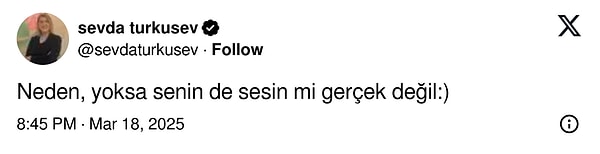 Melek Mosso'nun Ekrem İmamoğlu'nun diplomasının iptalinin ardından yaptığı "Artık hiçbirimiz güvende değiliz ve hiçbir şeyimiz garanti değil!" yorumuna Sevda Türküsev cevap vermişti.