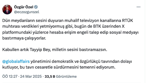 Özgür Özel de konuyla ilgili X platformundan paylaşım yaptı.