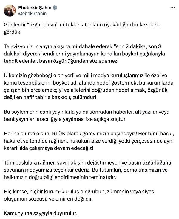 "Bu söylemlerin canlı yayınlarla ya da sonradan haberler, alt yazılar veya bant yayınları aracılığıyla yayılması ise açıkça suçtur!"
