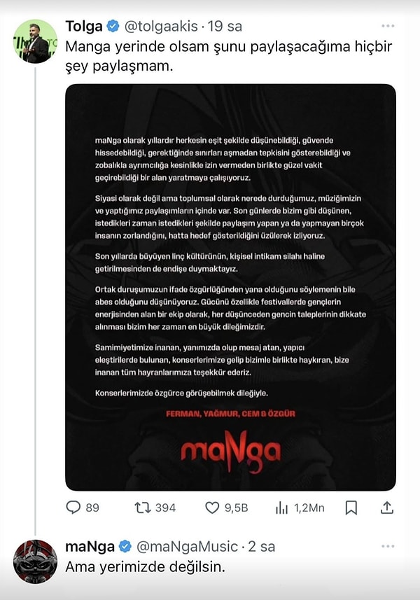 Bu sefer Manga'nın paylaşımını öne çıkarmaya karar veren Tolga Akış, linç kültürü açıklamasının altına;
