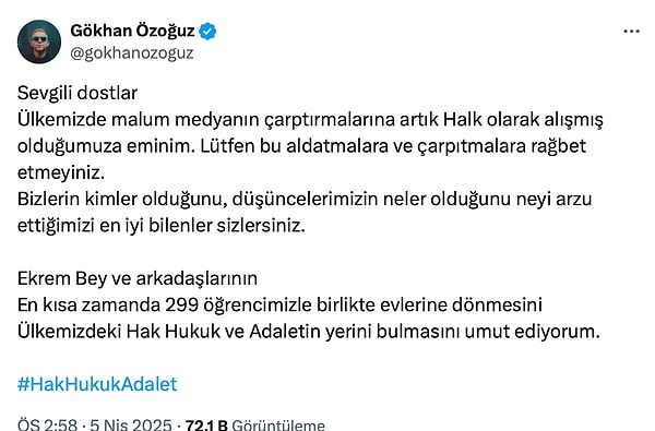 Gökhan Özoğuz sosyal medyadan aldığı tepkilere yaptığı açıklamayla cevap verdi.