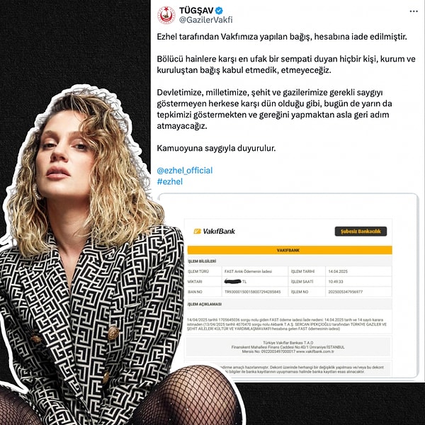 Sabah saatlerinde Ezhel'in bağışını iade ettiğini dekont paylaşarak duyuran TÜGŞAV'a bir yorum da Farah Zeynep Abdullah'tan geldi.