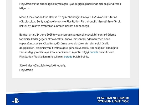 Sony, 24 Haziran’a kadar mevcut fiyatların geçerli olacağını ve isteyen kullanıcıların bu tarihe kadar aboneliklerini eski fiyattan yenileyebileceğini belirtti.