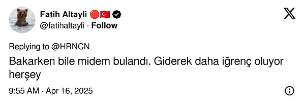 Gündeme dair çıkışları ve yorumlarıyla tanıdığımız gazeteci Fatih Altaylı'nın yorumu ise gündem oldu. Görseli