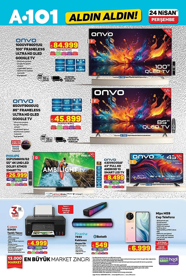 Onvo QLED HD Google TV 84.999 TL Görseli