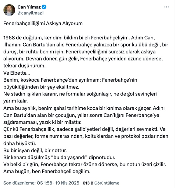 Can Yılmaz'ın paylaşımının tamamı şu şekilde: