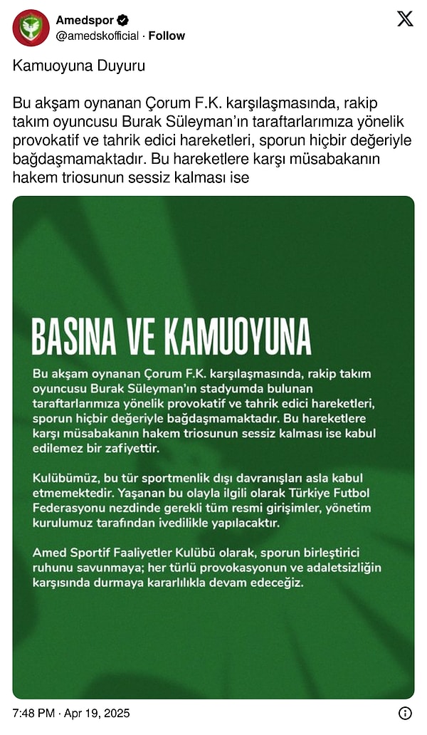 Amedspor'un açıklaması 👇