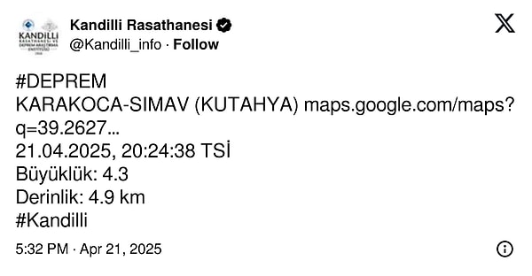 Kandilli Rasathanesi’nin paylaşımı 👇