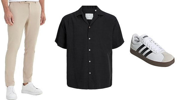 Rahatlık ve şıklık bir arada olur mu? Bu kombin diyor ki: “Hem de en güzelinden olur!” Bej tonlarında, esnek yapısıyla gün boyu konfor sunan slim fit pantolonla hafif dokulu, desenli kısa kollu gömlek bir araya gelince ortaya salaş ama stil sahibi bir görünüm çıkıyor. Ayaklardaysa sade ama modern spor ayakkabılar var; yürürken rahat, bakarken cool! Bu kombin tam anlamıyla “bugün ne giysem” sorusunun en havalı cevabı. Rahat et, şık kal, tarzından ödün verme.
