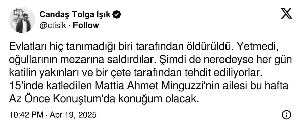 Candaş Tolga Işık programı böyle duyurmuştu. Ardından tehdit mesajları aldı. Görseli