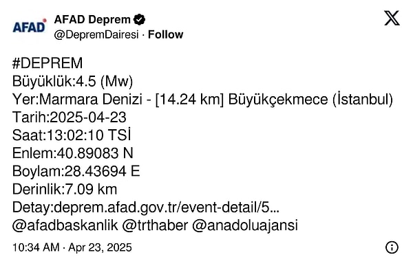 AFAD'ın 4.5 büyüklüğündeki artçı deprem açıklaması
