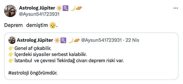 Karma Astrolog Aysun, 22 Nisan'da yaptığı paylaşımda İstanbul ve Tekirdağ civarı deprem riski açıklaması yapmıştı. 👇
