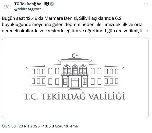 Birkaç dakika önce, Tekirdağ Valiliği de eğitime 1 gün ara verme kararı aldığını duyurdu.
