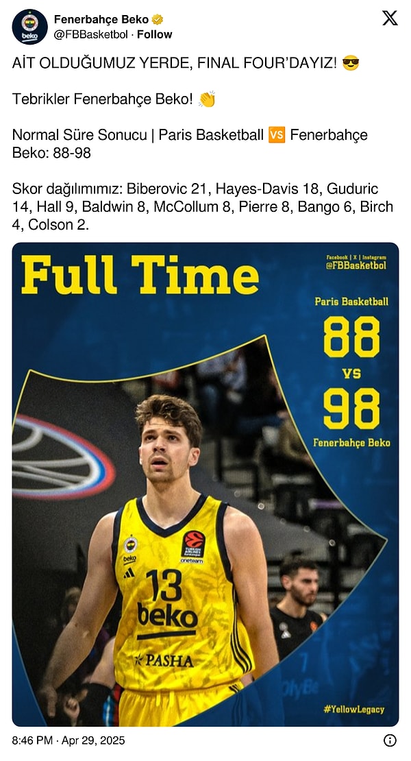 Fenerbahçe Beko'nun sosyal medya paylaşımı 👇