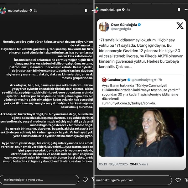 Ayrıca Ozan Gündoğdu isimli X kullanıcısının iddianameyi okuduğunu ve hiçbir şey bulamadığını vurguladığı tweet'i de hikayesinde paylaştı. 👇