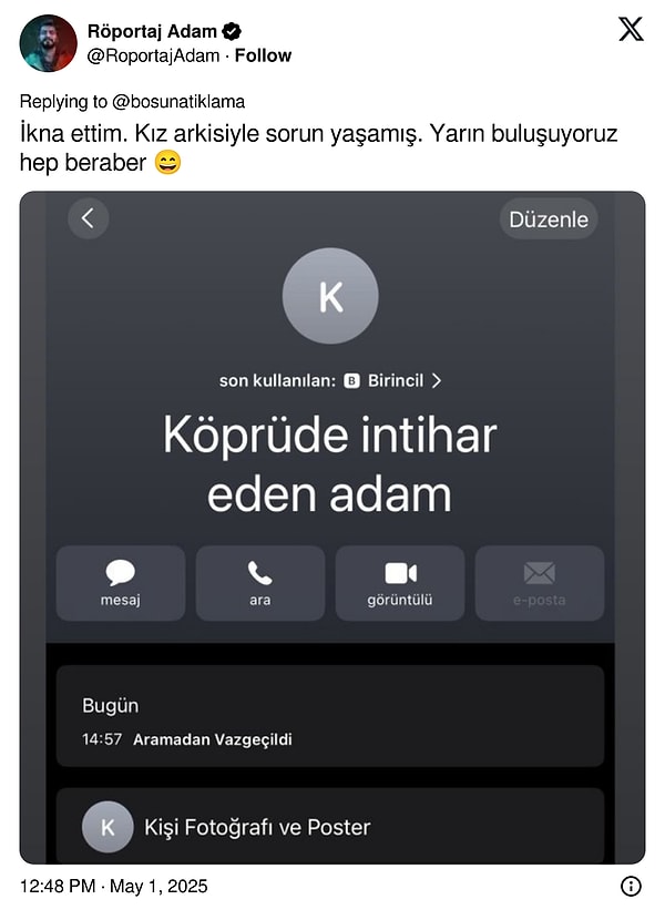 Olay sonrası paylaşım yapan Mahsun Karaca, intihar girişiminde bulunan genç ve sevgilisiyle yarın buluşacağını söyledi.