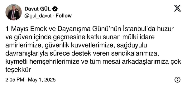 İstanbul Valisi Davut Gül'ün paylaşımı