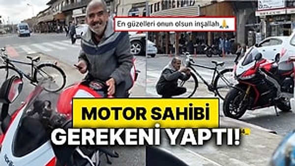 Bisikletiyle ilerlerken hayali olan motoru gören bir vatandaşımız, cep telefonuyla fotoğraflarını çekerken motor sahibi o anları video kaydına aldı.