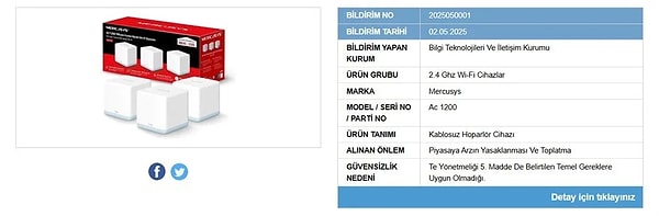 Listede bir de kablosuz hoparlör yer aldı. Ac 1200 model kablosuz hoparlörün de Telsiz Ekipmanları Yönetmeliği'ne aykırı olduğu açıklandı.