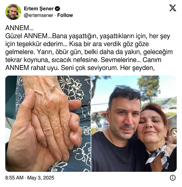 Ertem Şener'in 3 Mayıs'ta yapmış olduğu sosyal medya paylaşımı
