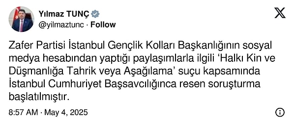 Adalet Bakanı Yılmaz Tunç'un paylaşımı 👇