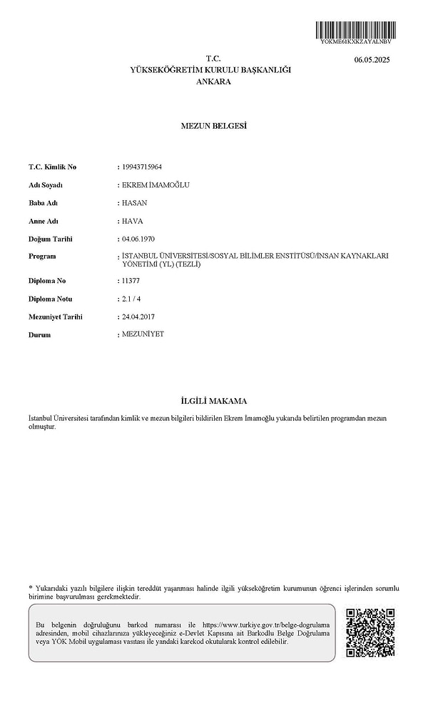 İmamoğlu'nun avukatı Mehmet Pehlivan ise ''Davanın açıldığı sabah saatlerinde diplomanın alelacele veritabanından silinmesinin bir tesadüf (!) olup olmadığını kamuoyunun dikkatine sunuyoruz'' dedi.
