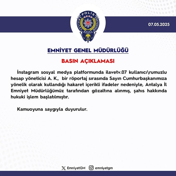 Emniyet Genel Müdürlüğü’nün açıklaması