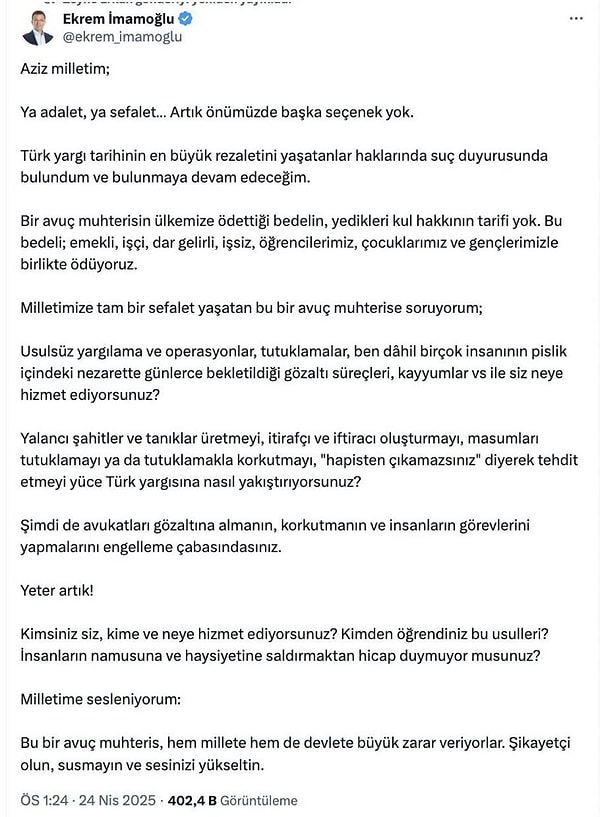 Ekrem İmamoğlu’nun hesabının kapanmasına neden olan paylaşımı şu şekilde 👇