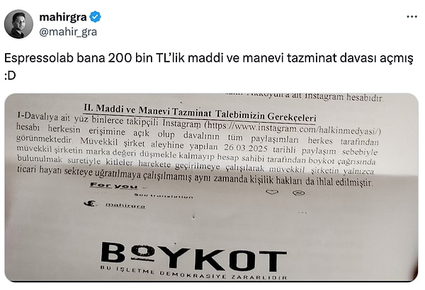 CHP’nin boykot listesinde yer alan Espressolab, kendisi hakkında boykot çağrısı yapanlara tazminat davası açmaya başladı. Görseli