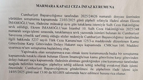 Savcılığın cezaevine gönderdiği yazı 👇