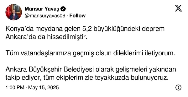 Ankara Büyükşehir Belediyesi Başkanı Mansur Yavaş'ın paylaşımı 👇