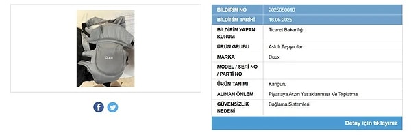 Bakanlık, Güvensiz Ürün Bilgi Sistemi'ne (GÜBİS) bu defa bir bebek kanguru modeli eklendi. Görseli