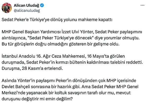 Alican Uludağ’ın sosyal medya hesabından paylaştığı haberin detayları şu şekilde: