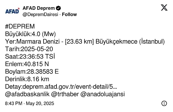 AFAD'ın deprem açıklaması.
