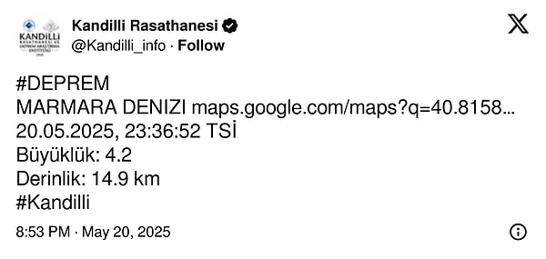 Kandilli Rasathanesi'nin paylaşımı 👇