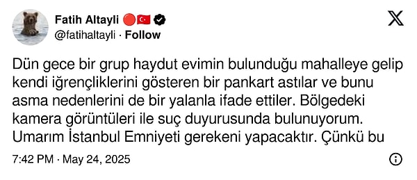 Fatih Altaylı, X'ten bu duruma tepki gösterdi ve İstanbul Emniyeti'ne çağrı yaptı.