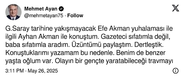 Mehmet Ayan'ın sosyal medya hesabından yaptığı açıklama Görseli