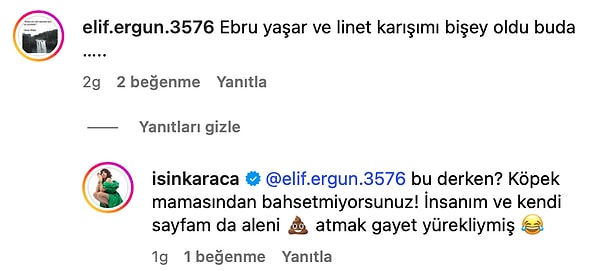 "Bu derken? Köprek mamasından bahsetmiyorsunuz!" çıkışında bulunan Işın Karaca o kullanıcının üslubuna ateş püskürdü.