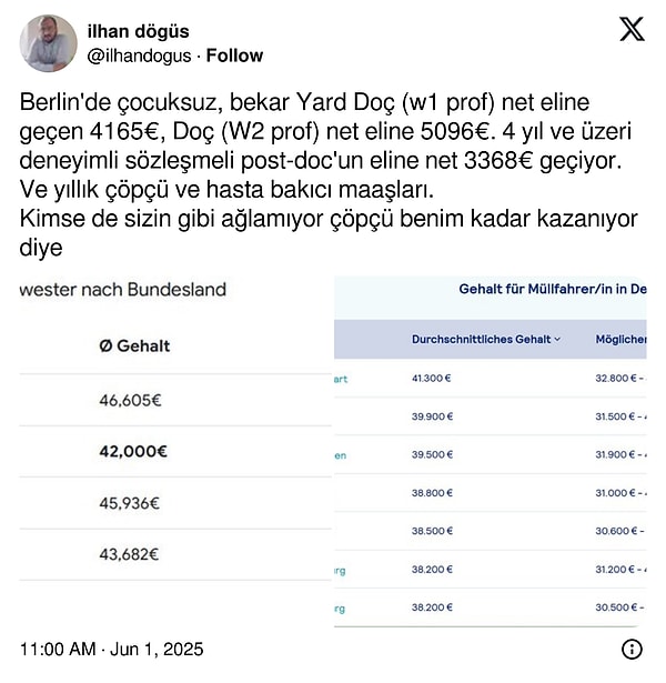 Almanya'daki doçent ve hasta bakıcı/çöpçü maaşlarını karşılaştıralım 👇🏻